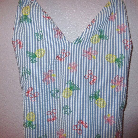 J Crew Seersucker One Piece Swimsuit Size 8 Embroidered Cherry Pineapples EUC - Picture 3 of 9